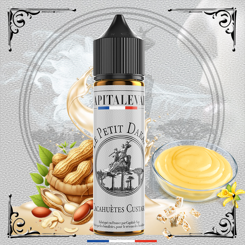 visuel-du-petit-Dakar-mockup-fiole-Vanille-Custard-Cacahètes-nougat-monuments-liquide-prémium-buraliste-capitalevap